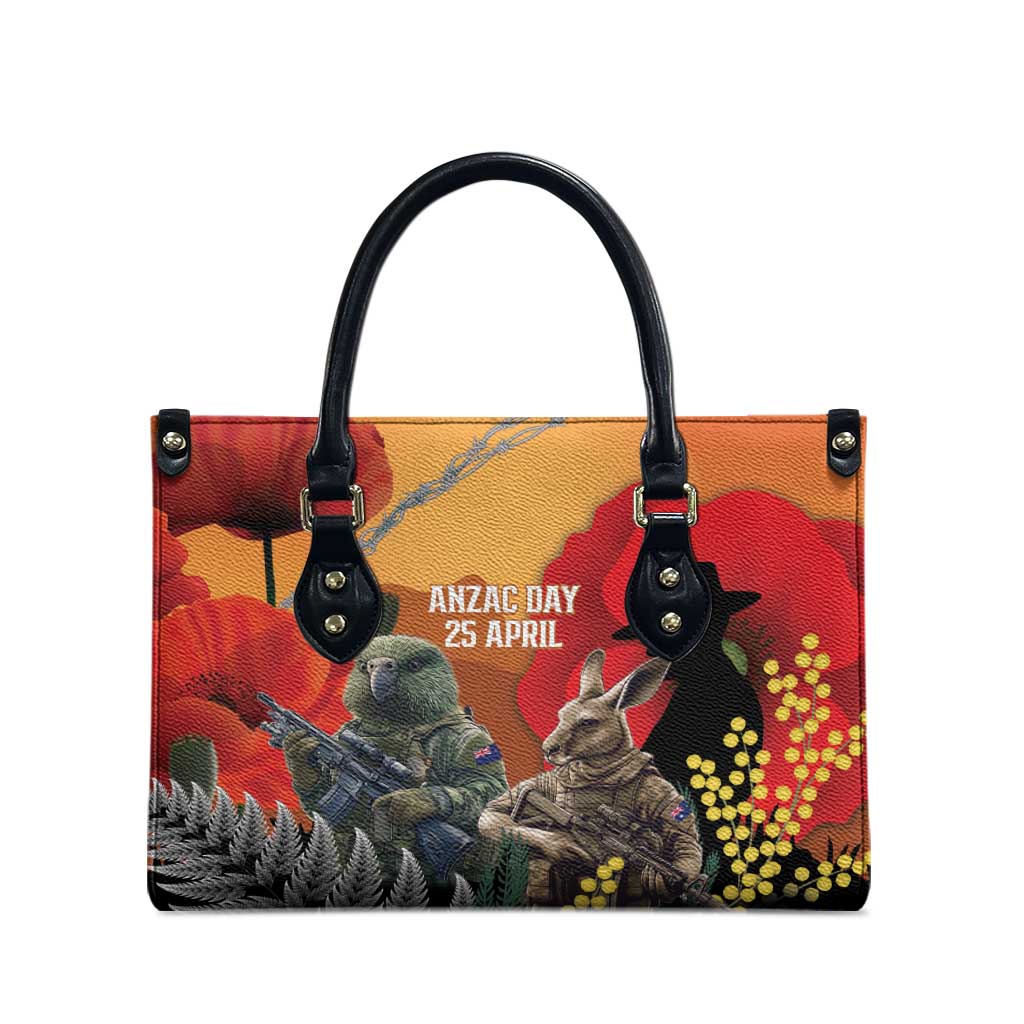 New Zealand and Australia ANZAC Day Leather Bag Sliver Fern Kakapo With Golden Wattle Kangaroo - Polynesian Pride