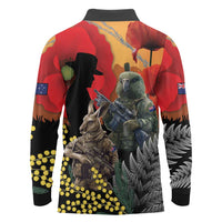 New Zealand and Australia ANZAC Day Long Sleeve Polo Shirt Sliver Fern Kakapo With Golden Wattle Kangaroo LT14 - Polynesian Pride