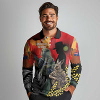 New Zealand and Australia ANZAC Day Long Sleeve Polo Shirt Sliver Fern Kakapo With Golden Wattle Kangaroo LT14 - Polynesian Pride