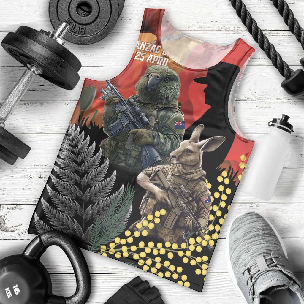 New Zealand and Australia ANZAC Day Men Tank Top Sliver Fern Kakapo With Golden Wattle Kangaroo LT14 - Polynesian Pride
