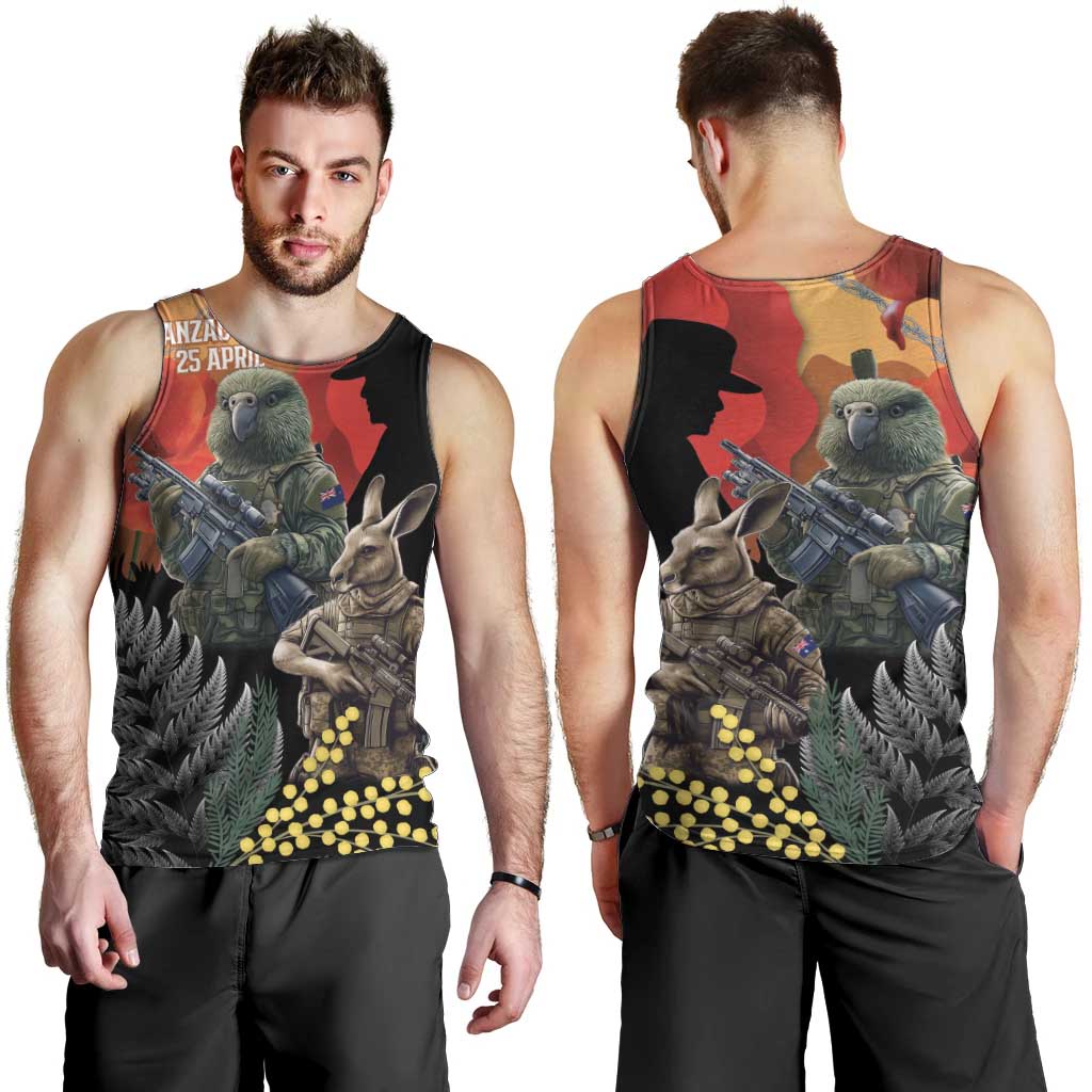 New Zealand and Australia ANZAC Day Men Tank Top Sliver Fern Kakapo With Golden Wattle Kangaroo LT14 - Polynesian Pride