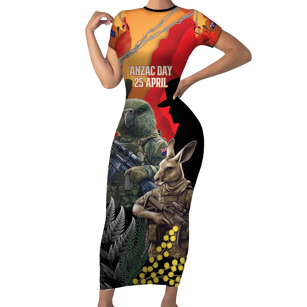 New Zealand and Australia ANZAC Day Short Sleeve Bodycon Dress Sliver Fern Kakapo With Golden Wattle Kangaroo LT14 Long Dress Gold - Polynesian Pride