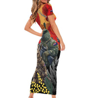 New Zealand and Australia ANZAC Day Short Sleeve Bodycon Dress Sliver Fern Kakapo With Golden Wattle Kangaroo LT14 - Polynesian Pride