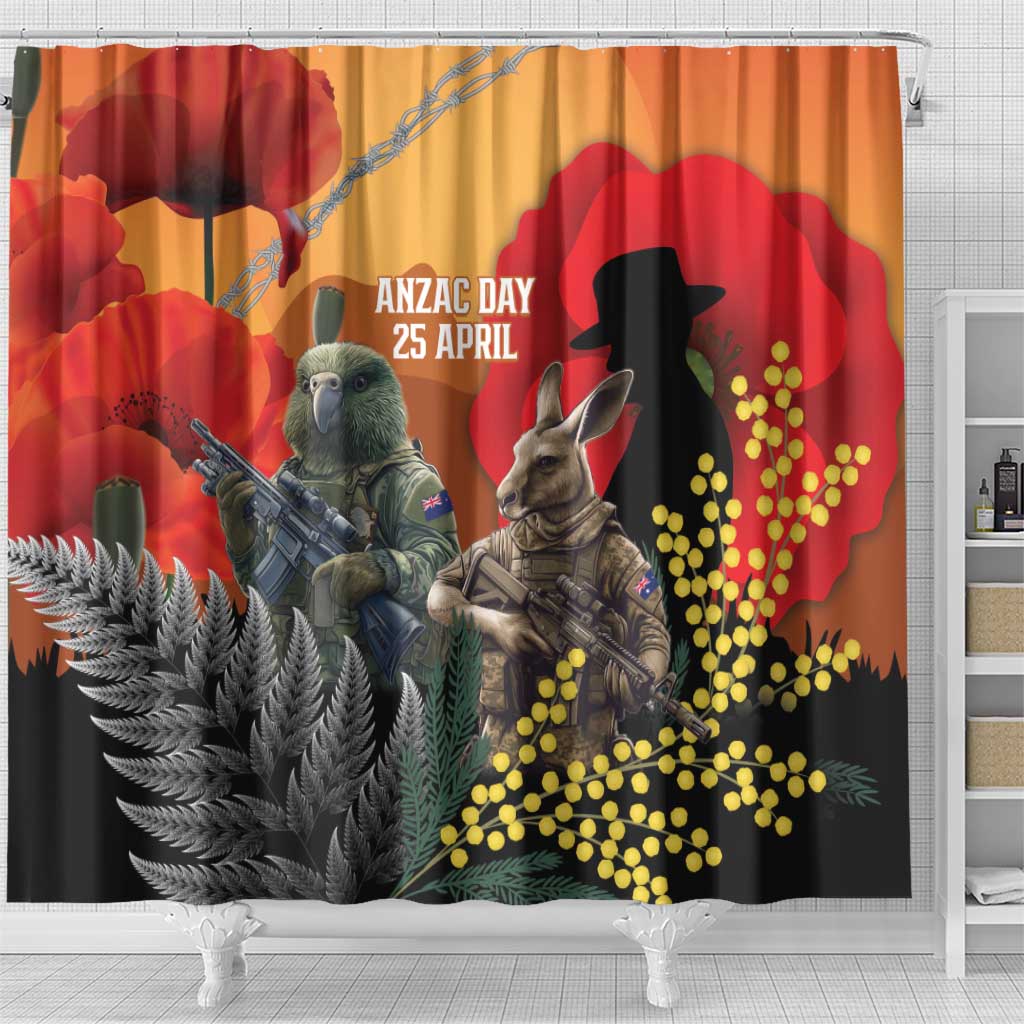 New Zealand and Australia ANZAC Day Shower Curtain Sliver Fern Kakapo With Golden Wattle Kangaroo LT14 - Polynesian Pride