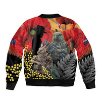New Zealand and Australia ANZAC Day Sleeve Zip Bomber Jacket Sliver Fern Kakapo With Golden Wattle Kangaroo LT14 - Polynesian Pride