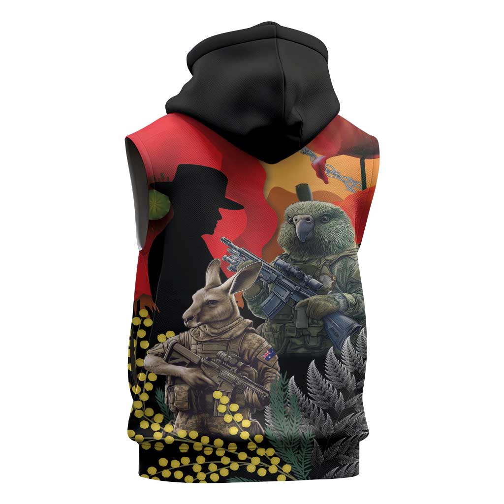 New Zealand and Australia ANZAC Day Sleeveless Hoodie Sliver Fern Kakapo With Golden Wattle Kangaroo - Polynesian Pride