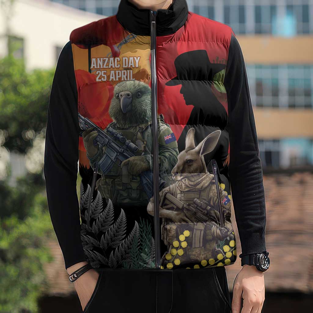 New Zealand and Australia ANZAC Day Sleeveless Puffer Jacket Sliver Fern Kakapo With Golden Wattle Kangaroo - Polynesian Pride