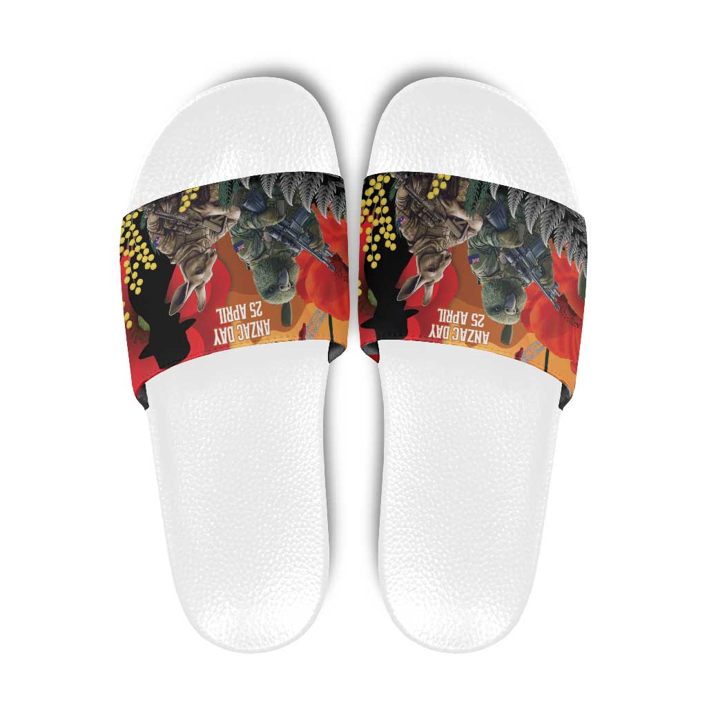 New Zealand and Australia ANZAC Day Slide Sandals Sliver Fern Kakapo With Golden Wattle Kangaroo - Polynesian Pride