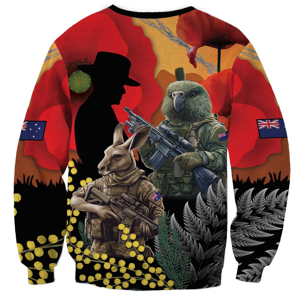 New Zealand and Australia ANZAC Day Sweatshirt Sliver Fern Kakapo With Golden Wattle Kangaroo LT14 - Polynesian Pride