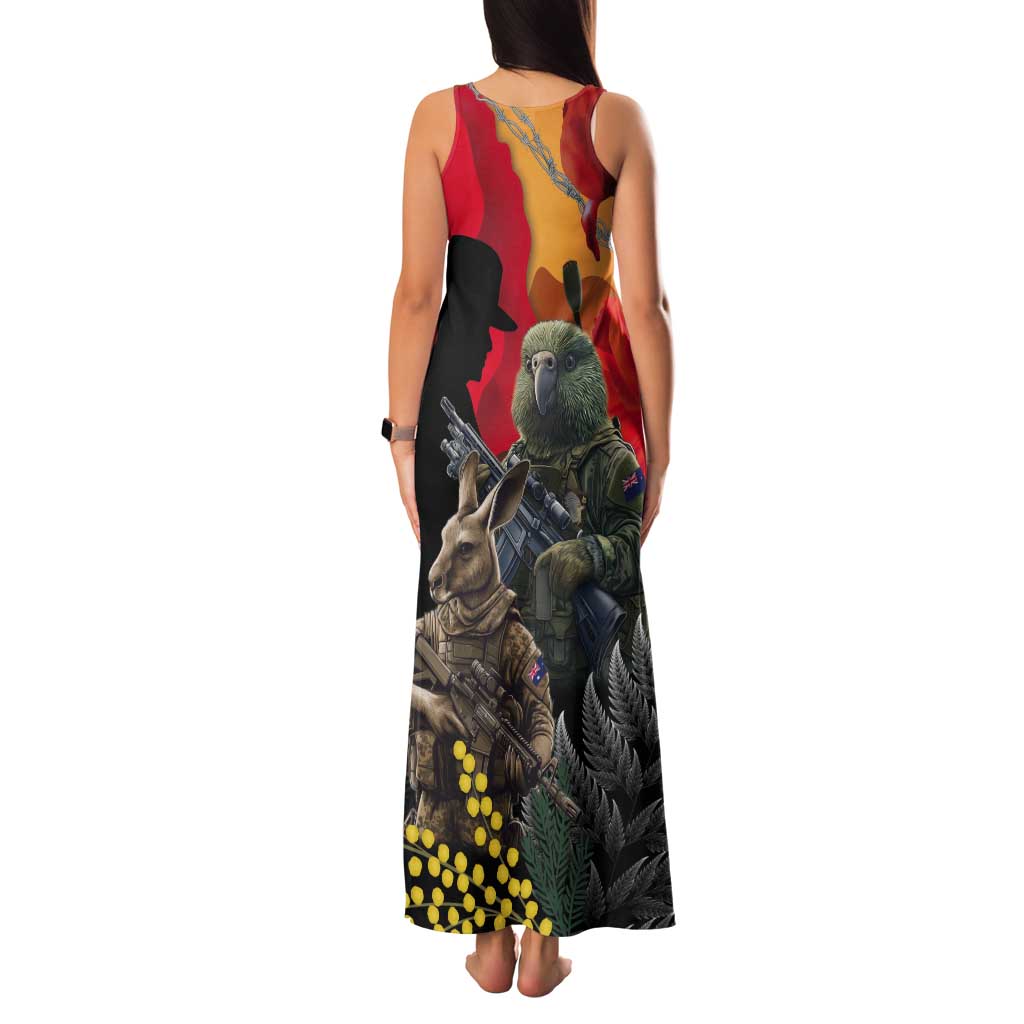 New Zealand and Australia ANZAC Day Tank Maxi Dress Sliver Fern Kakapo With Golden Wattle Kangaroo