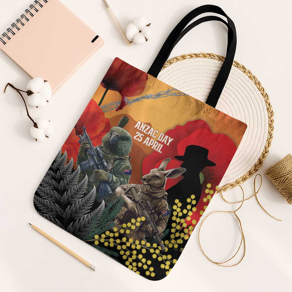 New Zealand and Australia ANZAC Day Tote Bag Sliver Fern Kakapo With Golden Wattle Kangaroo - Polynesian Pride