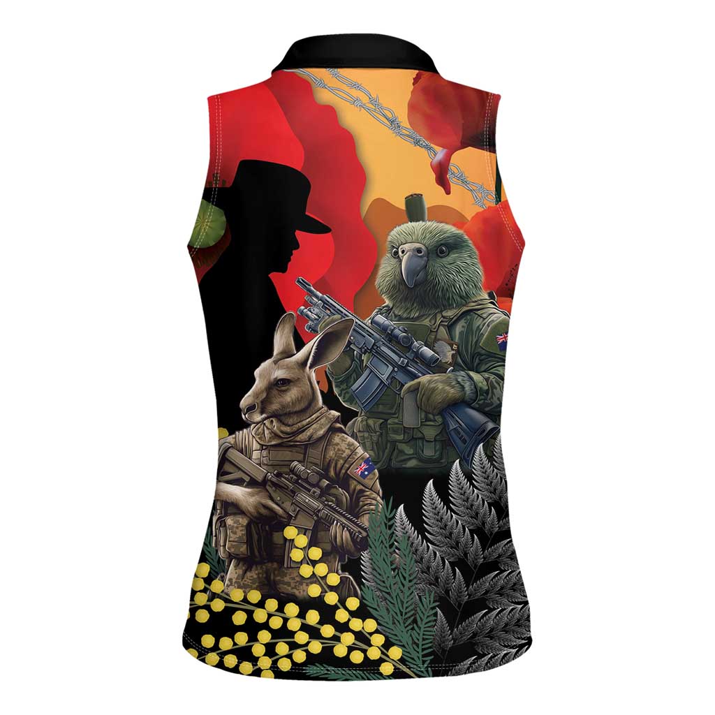 New Zealand and Australia ANZAC Day Women Sleeveless Polo Shirt Sliver Fern Kakapo With Golden Wattle Kangaroo LT14 - Polynesian Pride