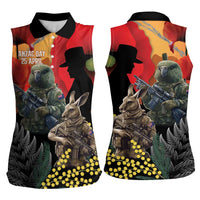 New Zealand and Australia ANZAC Day Women Sleeveless Polo Shirt Sliver Fern Kakapo With Golden Wattle Kangaroo LT14 - Polynesian Pride