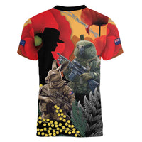 New Zealand and Australia ANZAC Day Women V-Neck T-Shirt Sliver Fern Kakapo With Golden Wattle Kangaroo LT14 - Polynesian Pride