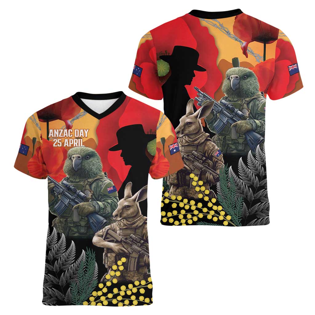 New Zealand and Australia ANZAC Day Women V-Neck T-Shirt Sliver Fern Kakapo With Golden Wattle Kangaroo LT14 - Polynesian Pride