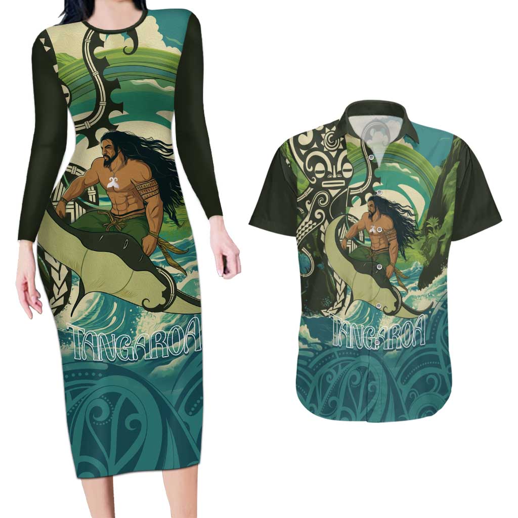 Aotearoa Tangaroa Atua Couples Matching Long Sleeve Bodycon Dress and Hawaiian Shirt New Zealand God Of The Ocean