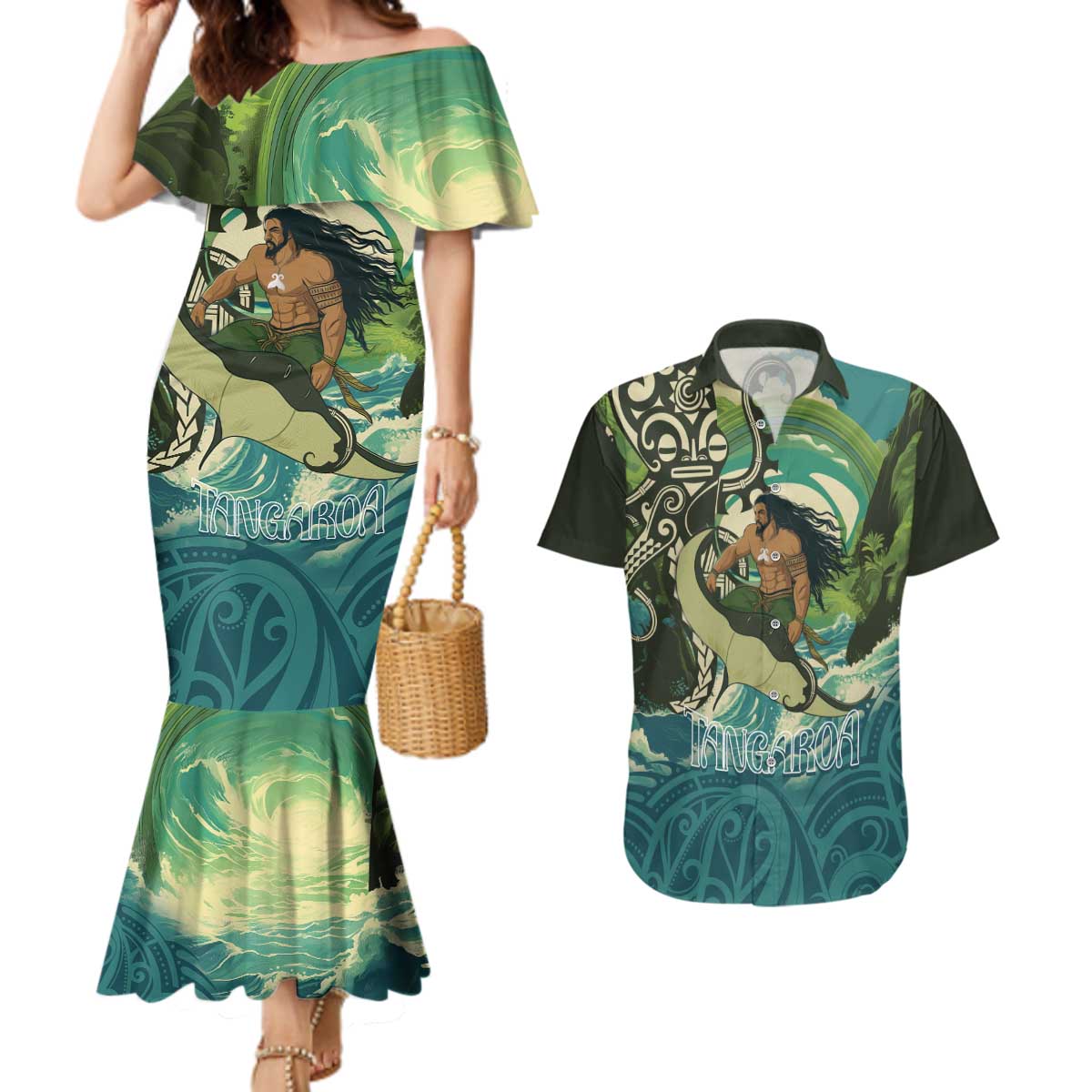 Aotearoa Tangaroa Atua Couples Matching Mermaid Dress and Hawaiian Shirt New Zealand God Of The Ocean
