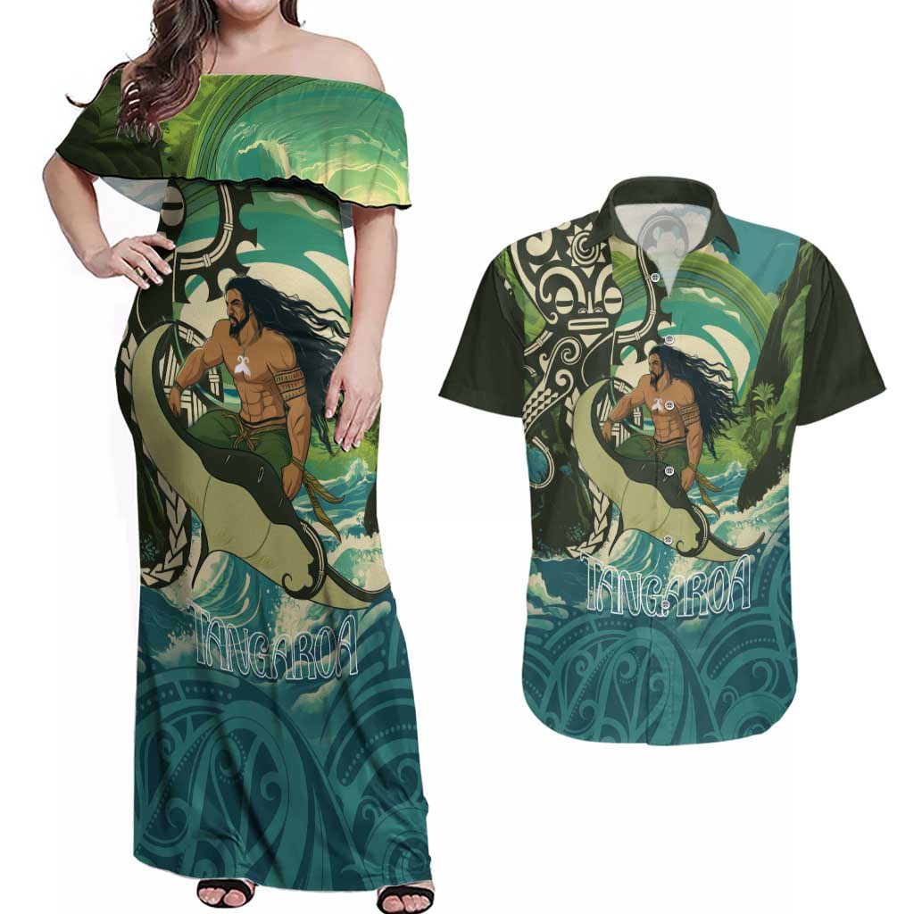 Aotearoa Tangaroa Atua Couples Matching Off Shoulder Maxi Dress and Hawaiian Shirt New Zealand God Of The Ocean