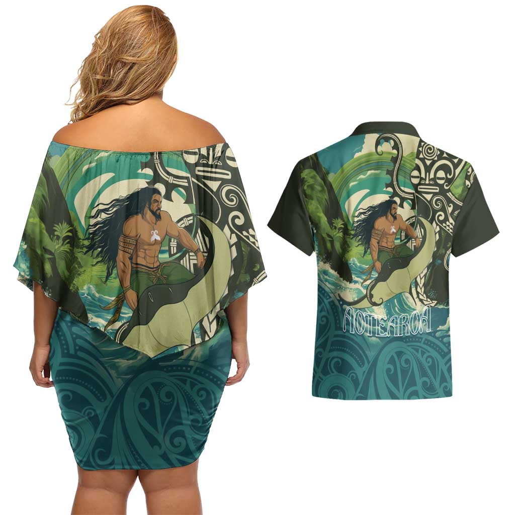 Aotearoa Tangaroa Atua Couples Matching Off Shoulder Short Dress and Hawaiian Shirt New Zealand God Of The Ocean
