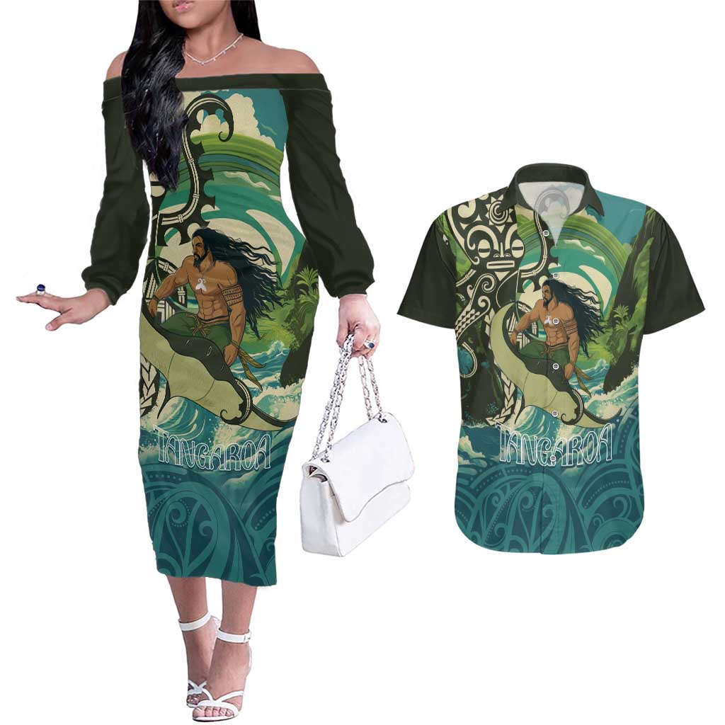 Aotearoa Tangaroa Atua Couples Matching Off The Shoulder Long Sleeve Dress and Hawaiian Shirt New Zealand God Of The Ocean