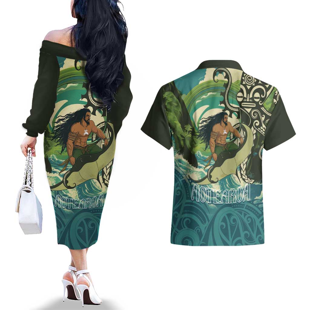 Aotearoa Tangaroa Atua Couples Matching Off The Shoulder Long Sleeve Dress and Hawaiian Shirt New Zealand God Of The Ocean