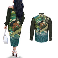 Aotearoa Tangaroa Atua Couples Matching Off The Shoulder Long Sleeve Dress and Long Sleeve Button Shirt New Zealand God Of The Ocean LT14 - Polynesian Pride