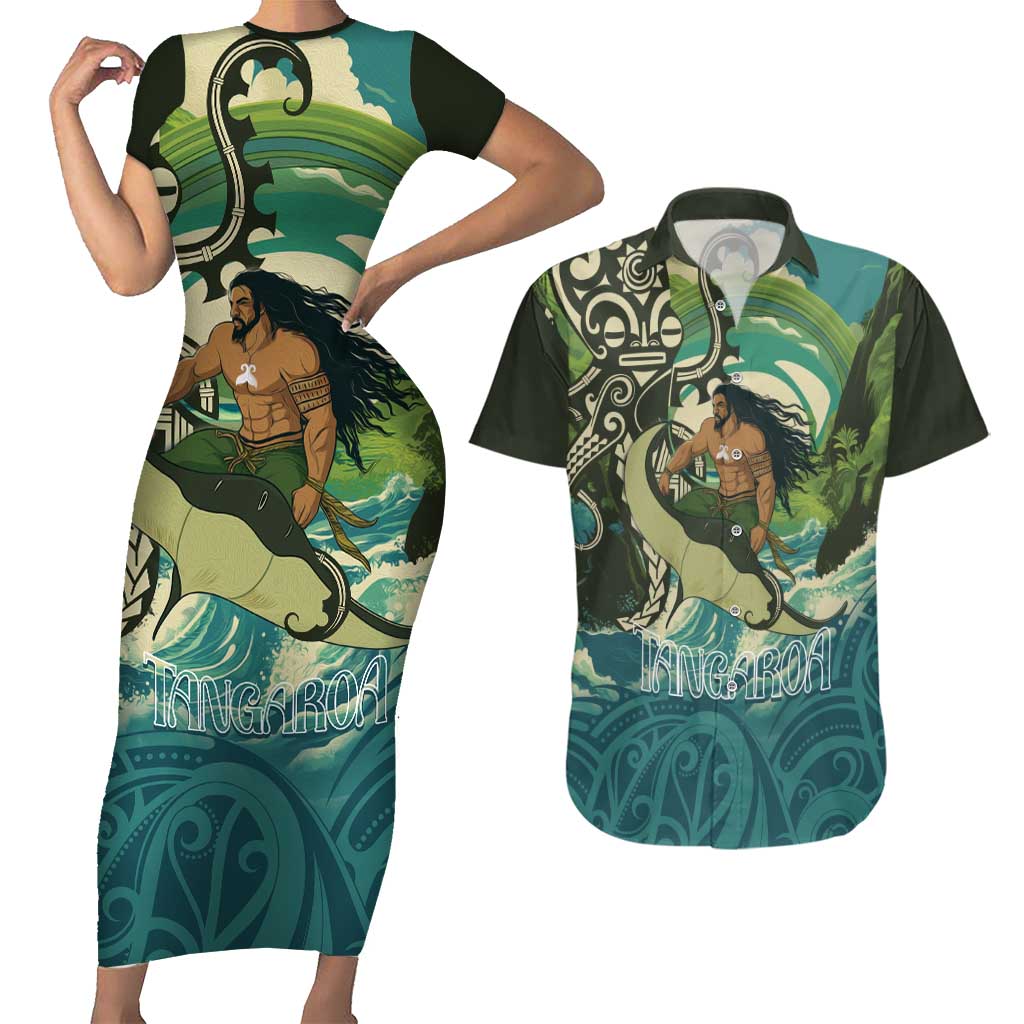 Aotearoa Tangaroa Atua Couples Matching Short Sleeve Bodycon Dress and Hawaiian Shirt New Zealand God Of The Ocean