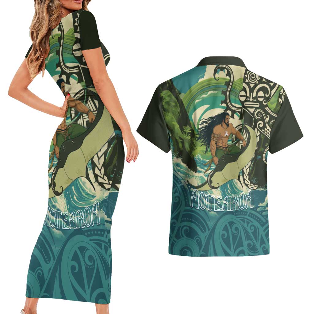 Aotearoa Tangaroa Atua Couples Matching Short Sleeve Bodycon Dress and Hawaiian Shirt New Zealand God Of The Ocean
