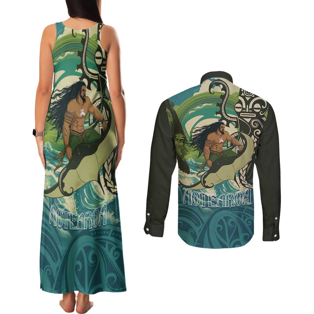 Aotearoa Tangaroa Atua Couples Matching Tank Maxi Dress and Long Sleeve Button Shirt New Zealand God Of The Ocean LT14 - Polynesian Pride