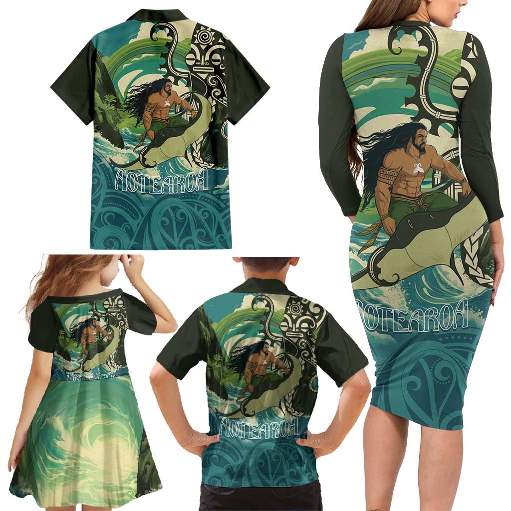 Aotearoa Tangaroa Atua Family Matching Long Sleeve Bodycon Dress and Hawaiian Shirt New Zealand God Of The Ocean LT14 - Polynesian Pride