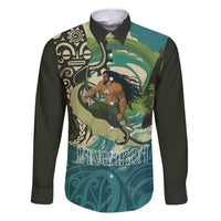 Aotearoa Tangaroa Atua Family Matching Mermaid Dress and Hawaiian Shirt New Zealand God Of The Ocean LT14 Dad's Shirt - Long Sleeve Cyan - Polynesian Pride