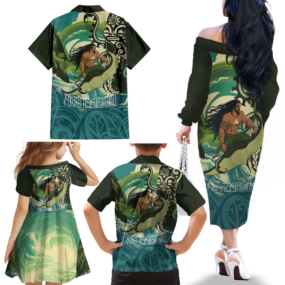 Aotearoa Tangaroa Atua Family Matching Off The Shoulder Long Sleeve Dress and Hawaiian Shirt New Zealand God Of The Ocean