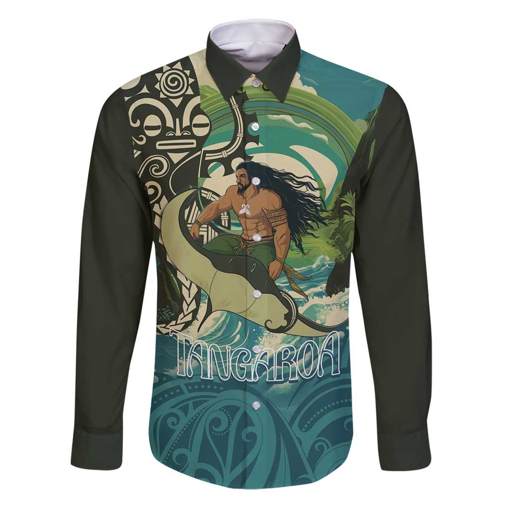 Aotearoa Tangaroa Atua Family Matching Off Shoulder Short Dress and Hawaiian Shirt New Zealand God Of The Ocean LT14 Dad's Shirt - Long Sleeve Cyan - Polynesian Pride
