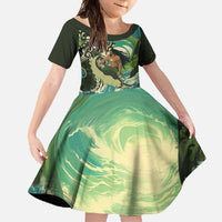 Aotearoa Tangaroa Atua Family Matching Short Sleeve Bodycon Dress and Hawaiian Shirt New Zealand God Of The Ocean LT14 Daughter's Dress Cyan - Polynesian Pride