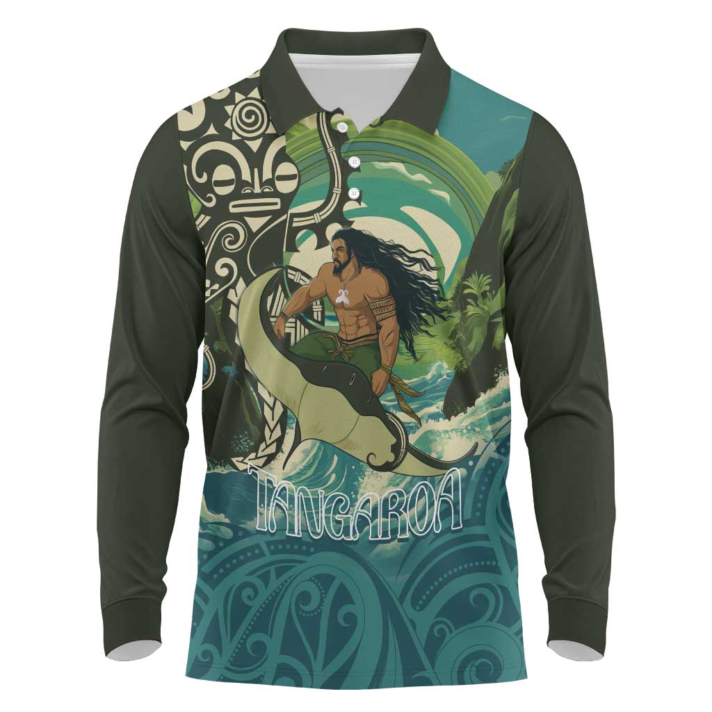 Aotearoa Tangaroa Atua Long Sleeve Polo Shirt New Zealand God Of The Ocean LT14 Cyan - Polynesian Pride