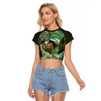 Aotearoa Tangaroa Atua Raglan Cropped T Shirt New Zealand God Of The Ocean LT14 Female Cyan - Polynesian Pride