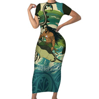 Aotearoa Tangaroa Atua Short Sleeve Bodycon Dress New Zealand God Of The Ocean LT14 Long Dress Cyan - Polynesian Pride