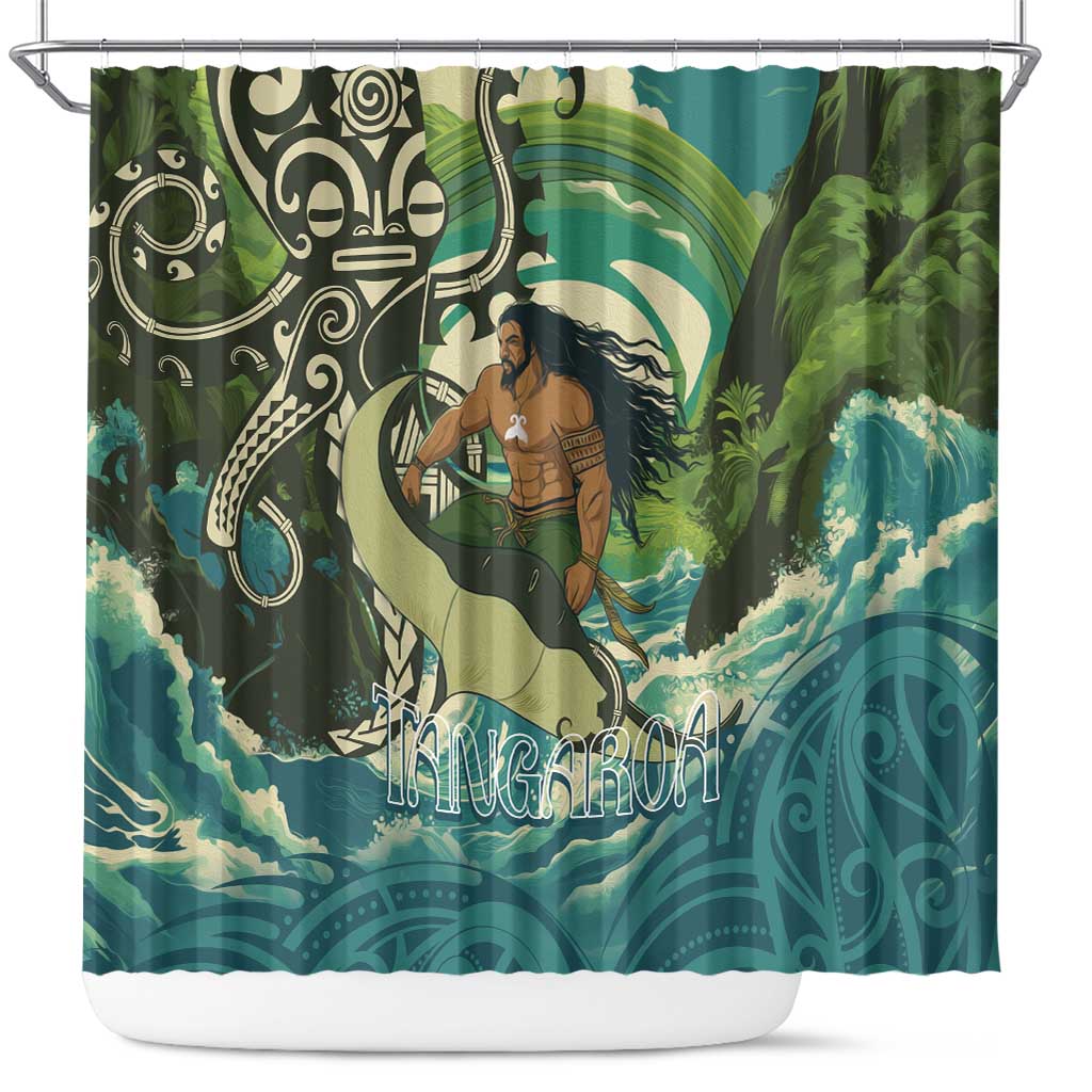 Aotearoa Tangaroa Atua Shower Curtain New Zealand God Of The Ocean LT14 Cyan - Polynesian Pride