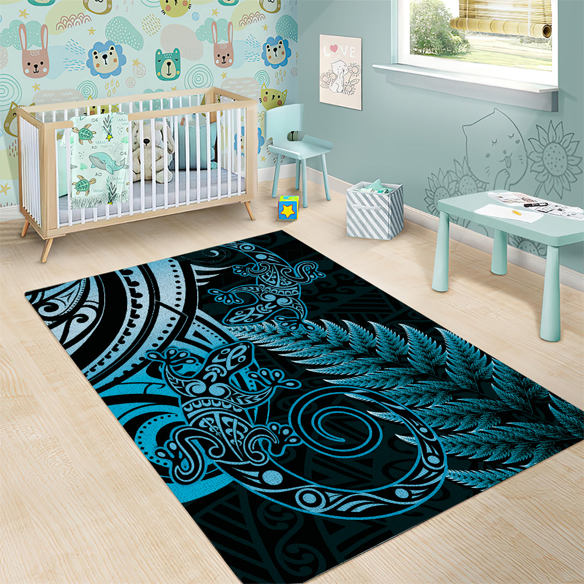 New Zealand Lizard Area Rug Silver Fern Aotearoa Maori Blue Version