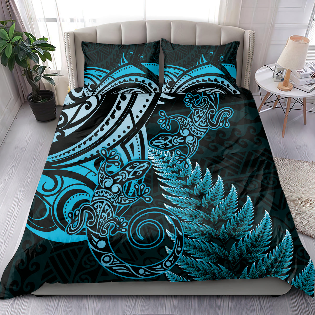 New Zealand Lizard Bedding Set Silver Fern Aotearoa Maori Blue Version
