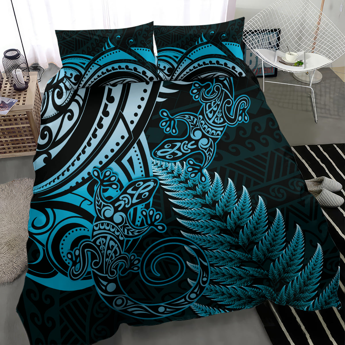 New Zealand Lizard Bedding Set Silver Fern Aotearoa Maori Blue Version