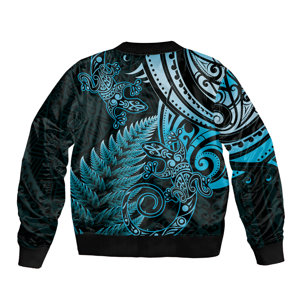 New Zealand Lizard Bomber Jacket Silver Fern Aotearoa Maori Blue Version