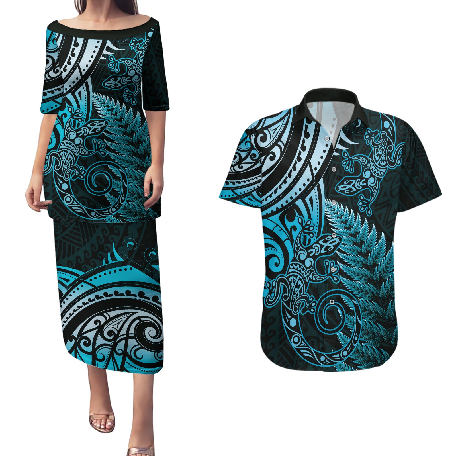 New Zealand Lizard Couples Matching Puletasi and Hawaiian Shirt Silver Fern Aotearoa Maori Blue Version