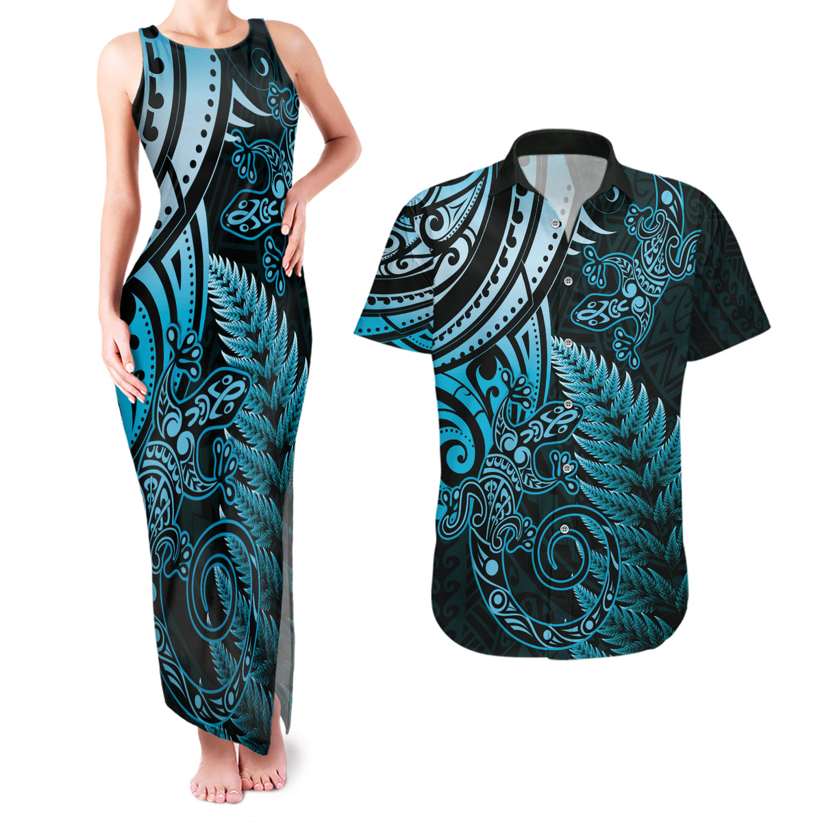 New Zealand Lizard Couples Matching Tank Maxi Dress and Hawaiian Shirt Silver Fern Aotearoa Maori Blue Version