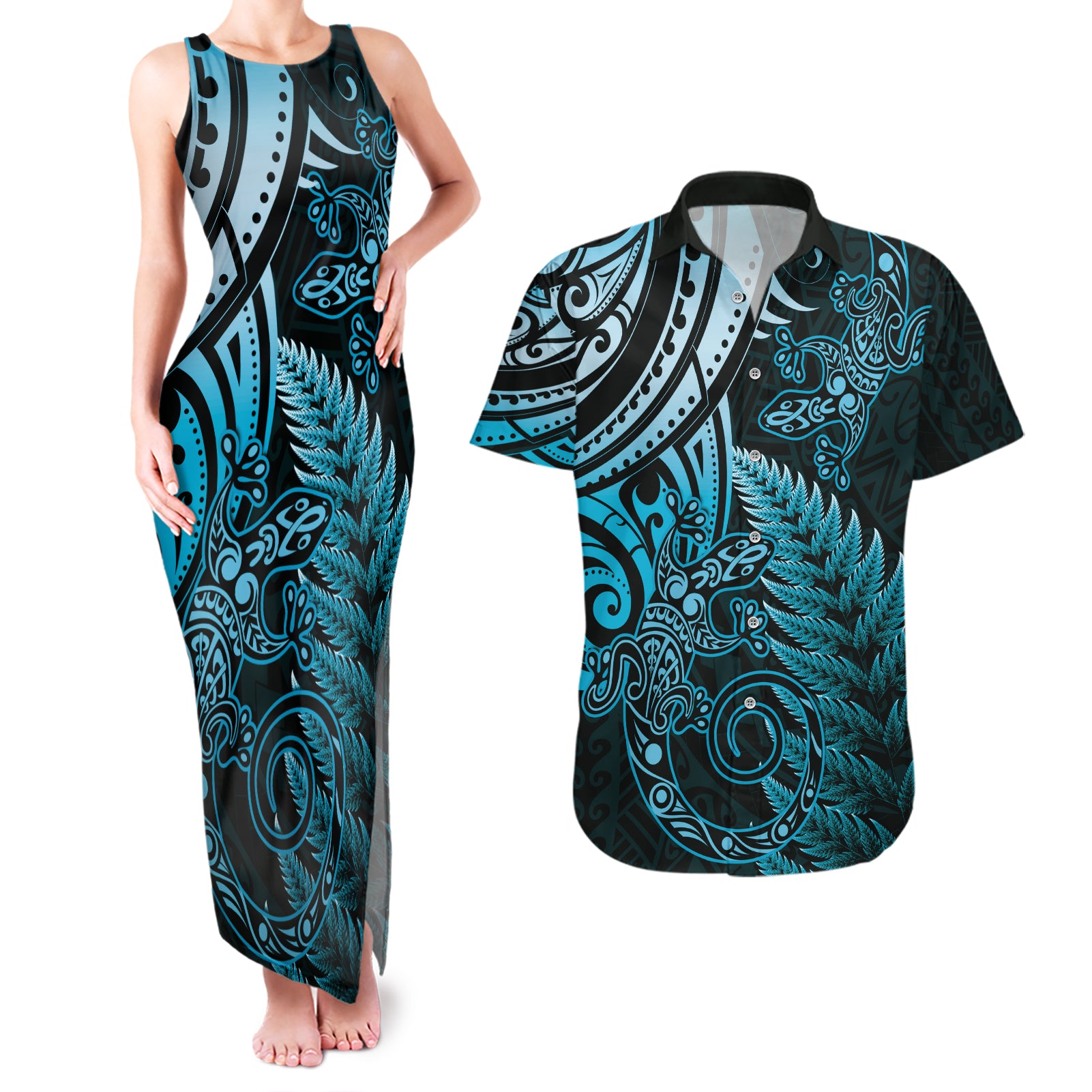 New Zealand Lizard Couples Matching Tank Maxi Dress and Hawaiian Shirt Silver Fern Aotearoa Maori Blue Version