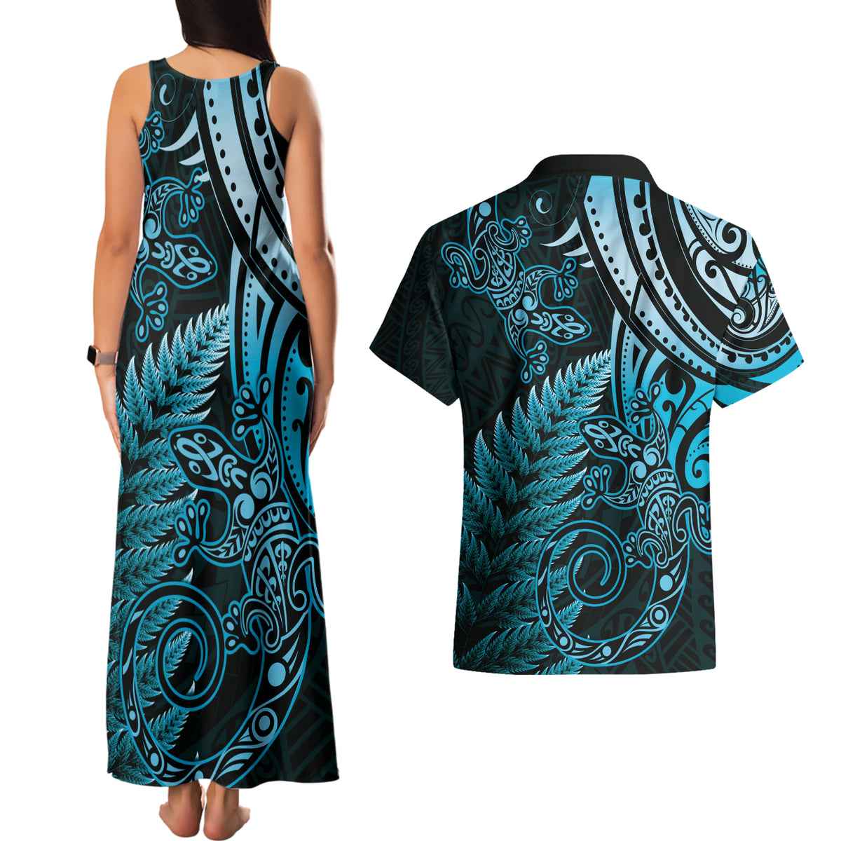 New Zealand Lizard Couples Matching Tank Maxi Dress and Hawaiian Shirt Silver Fern Aotearoa Maori Blue Version