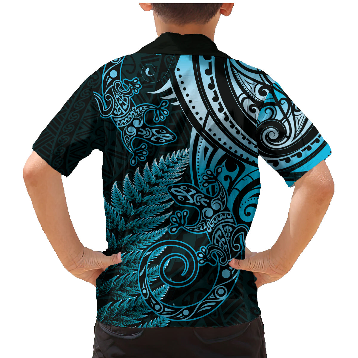 New Zealand Lizard Family Matching Mermaid Dress and Hawaiian Shirt Silver Fern Aotearoa Maori Blue Version