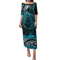 New Zealand Lizard Family Matching Puletasi and Hawaiian Shirt Silver Fern Aotearoa Maori Blue Version