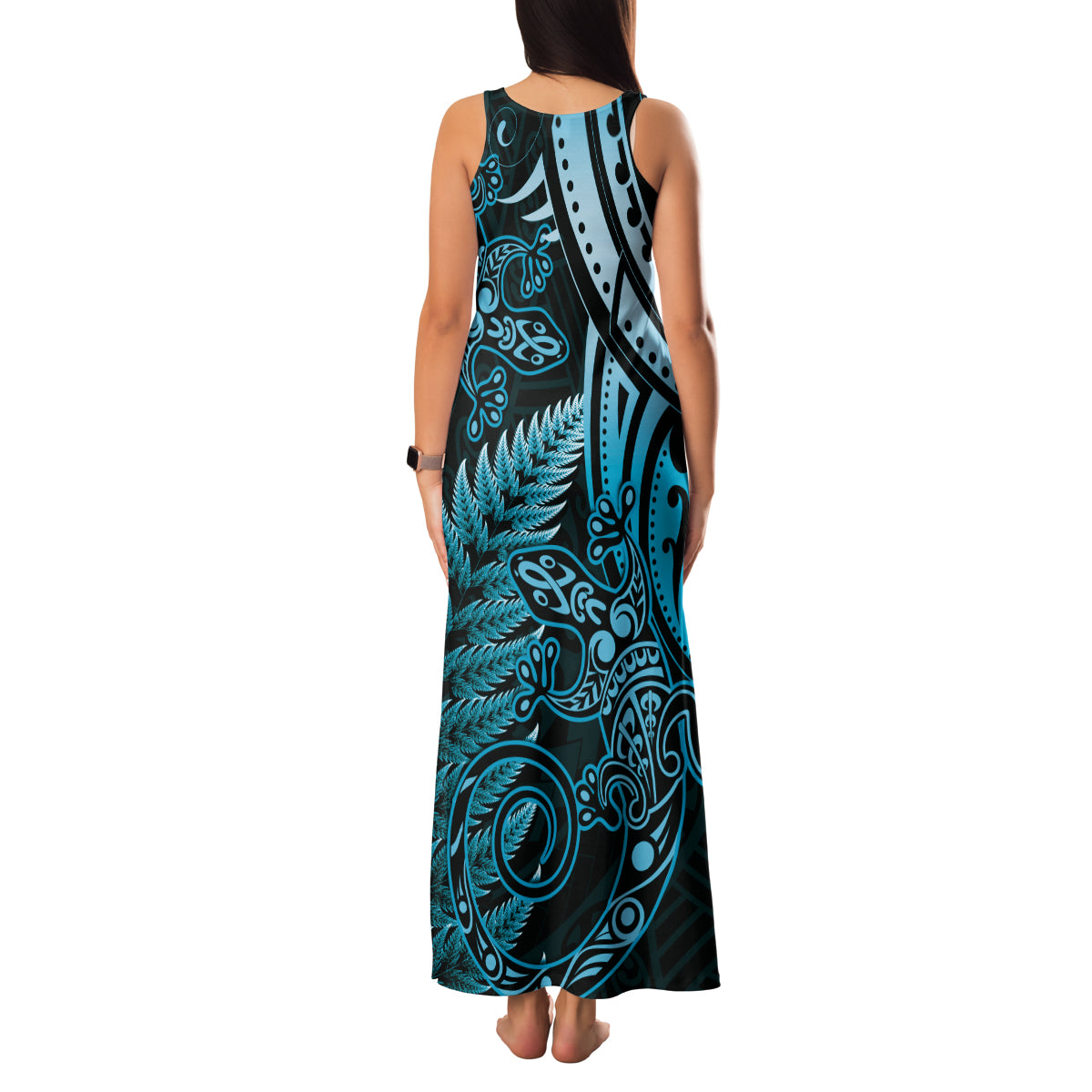 New Zealand Lizard Family Matching Tank Maxi Dress and Hawaiian Shirt Silver Fern Aotearoa Maori Blue Version