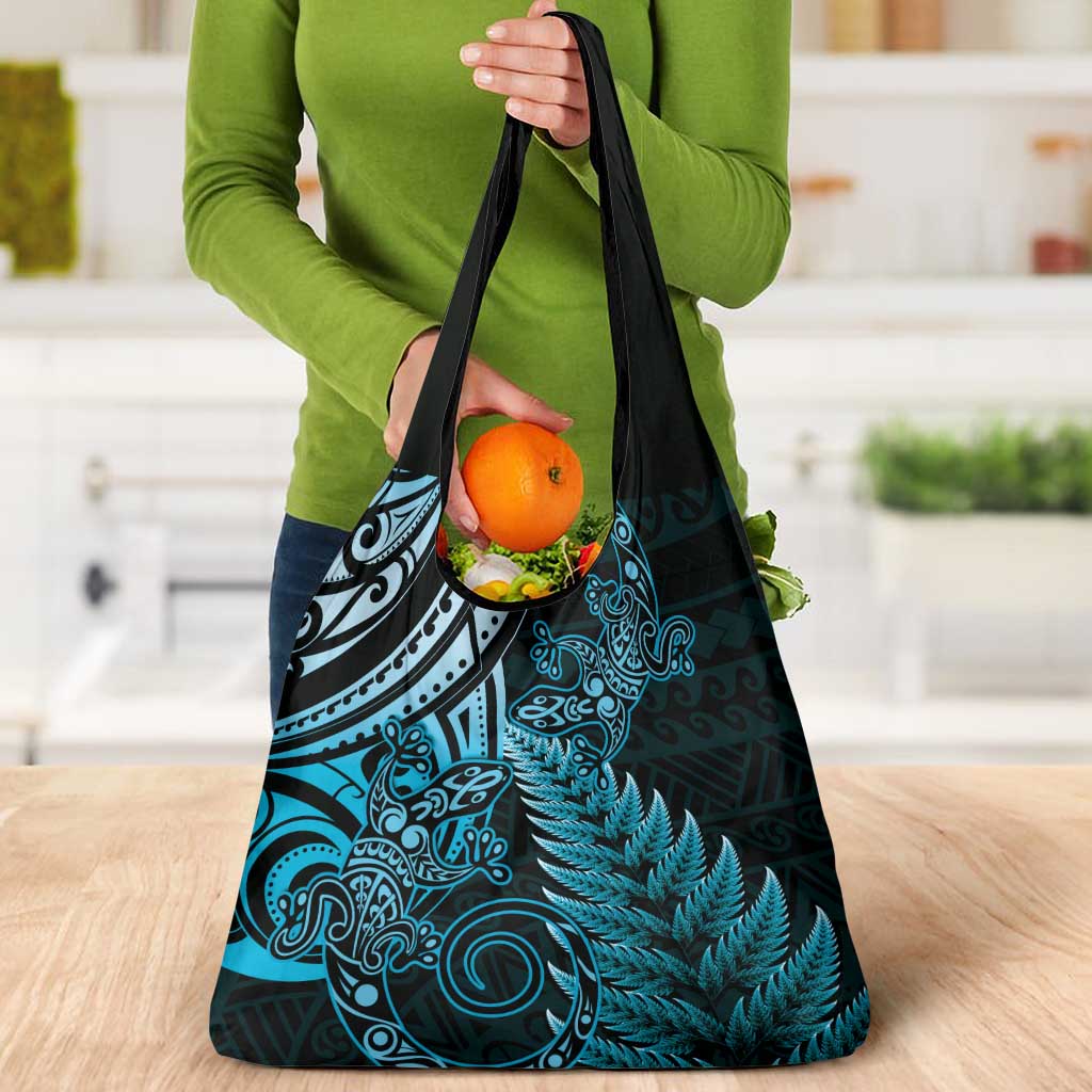 New Zealand Lizard Grocery Bag Silver Fern Aotearoa Maori Blue Version